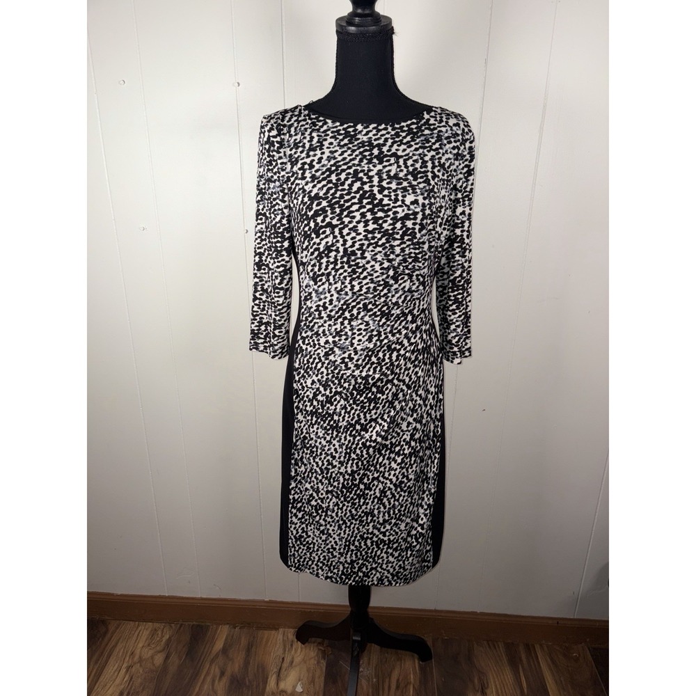 lauren ralph lauren black white print side black panel dress Cheetah 10 Slimming